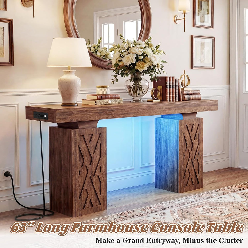 iSunirm 63 Long Thick Entryway Table with Hollow Carved Storage Legs, 400+ lbs Load Console Table with Reversible Outlets & RGB Light, Space-Saving Wood Sofa Table for Hallway Foyer, Cracked Oak