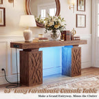 iSunirm 63 Long Thick Entryway Table with Hollow Carved Storage Legs, 400+ lbs Load Console Table with Reversible Outlets & RGB Light, Space-Saving Wood Sofa Table for Hallway Foyer, Cracked Oak