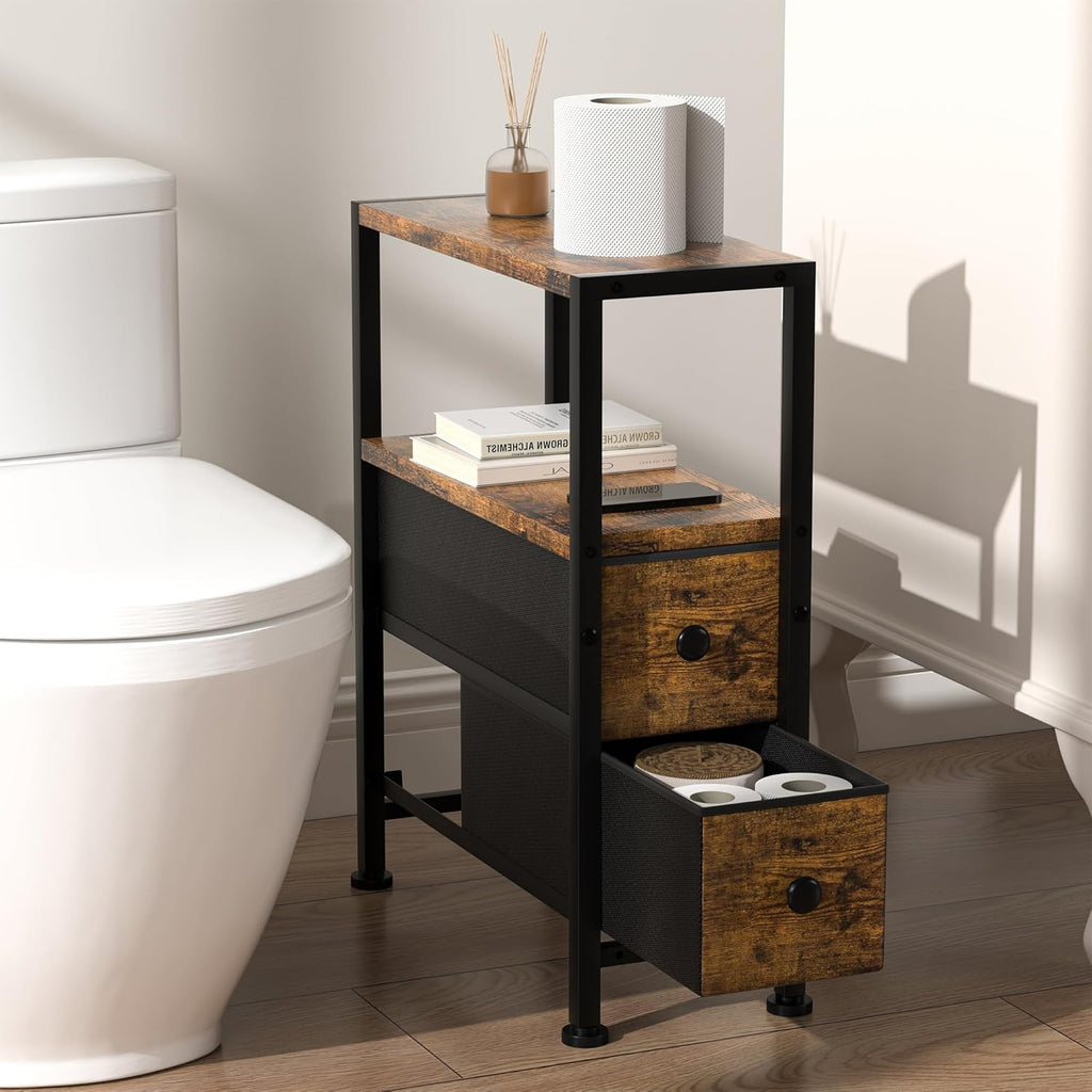 Small Narrow Side Table with Drawers, Skinny End Table for Small Spaces, Slim Nightstand with Storage, sofa bedside Table in Living Room, Bedroom, Study, kitchen and Balcony (Rustic Brown)M-LBZ83B1V1