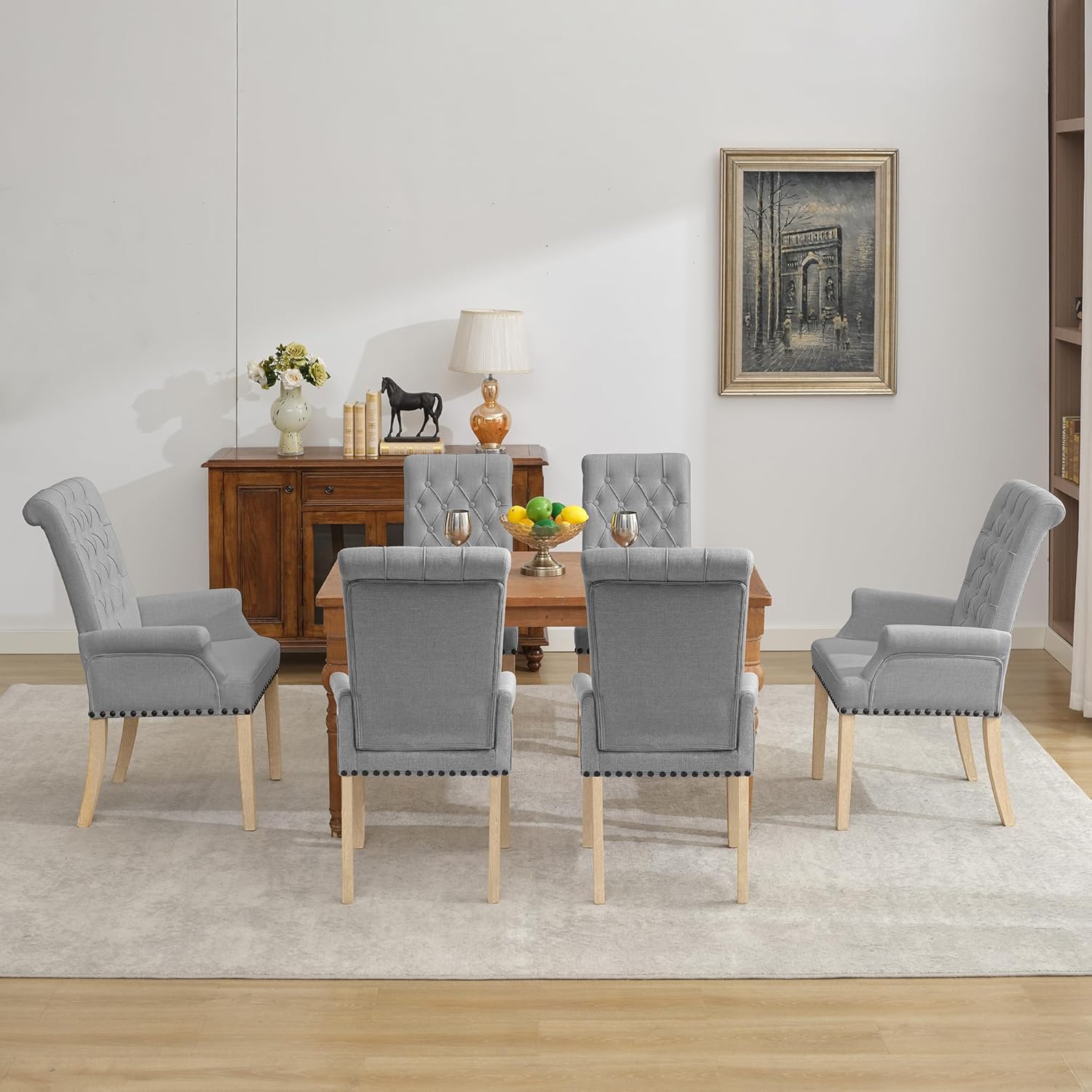LOULENS Fabric Dining Chair, Modern Upholstered Armchair with Nailheads Trim & Wooden Legs, High-Back Accent Chair for Kitchen, Dining Room, Living Room and Bedroom, Light Grey
