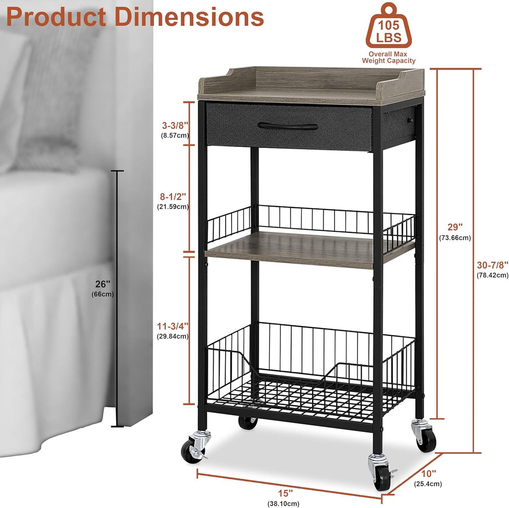 Tall Side Table with Drawer and Shelves, Narrow End Table with Optional Wheels, 4-Tier Small Side Table, 30" High for Living Room, Bedroom, Bathroom, Black & Grey