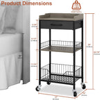 Tall Side Table with Drawer and Shelves, Narrow End Table with Optional Wheels, 4-Tier Small Side Table, 30" High for Living Room, Bedroom, Bathroom, Black & Grey