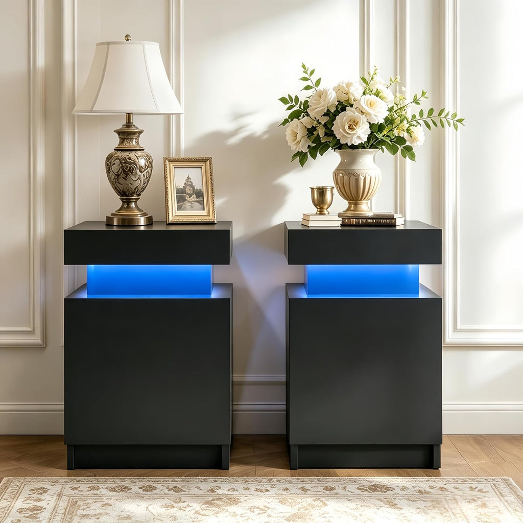 Nightstand Set of 2, Night Stands with LED Lights, Bedside Table End Side Table with Storage Cabinet for Bedroom, Black