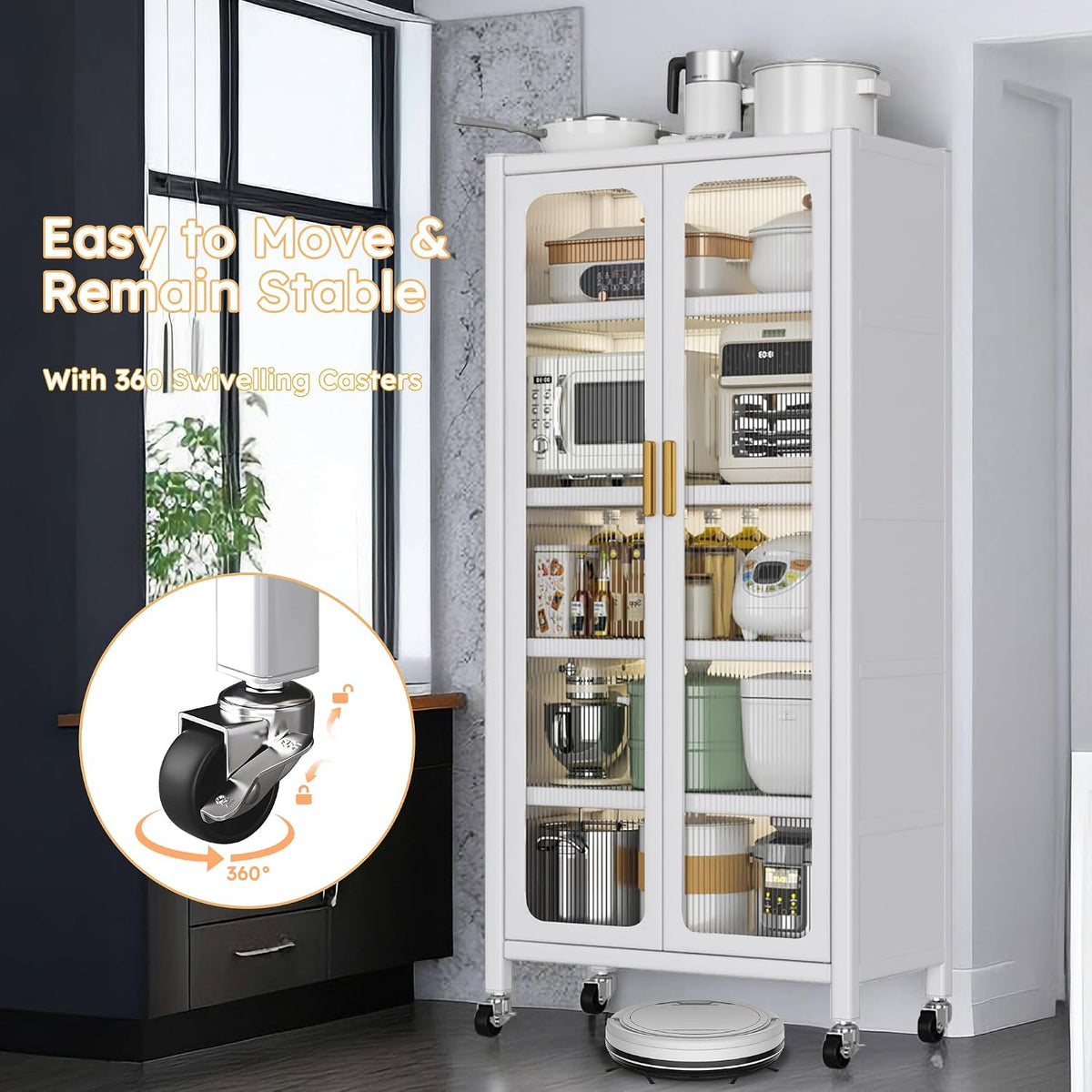 6 Tier 63" Kitchen Appliance Storage,Appliance Cabinet,Bakers Rack with Doors with Transparent Flap Door Design Kitchen Storage Shelves,Microwave Stand for Dining Room White