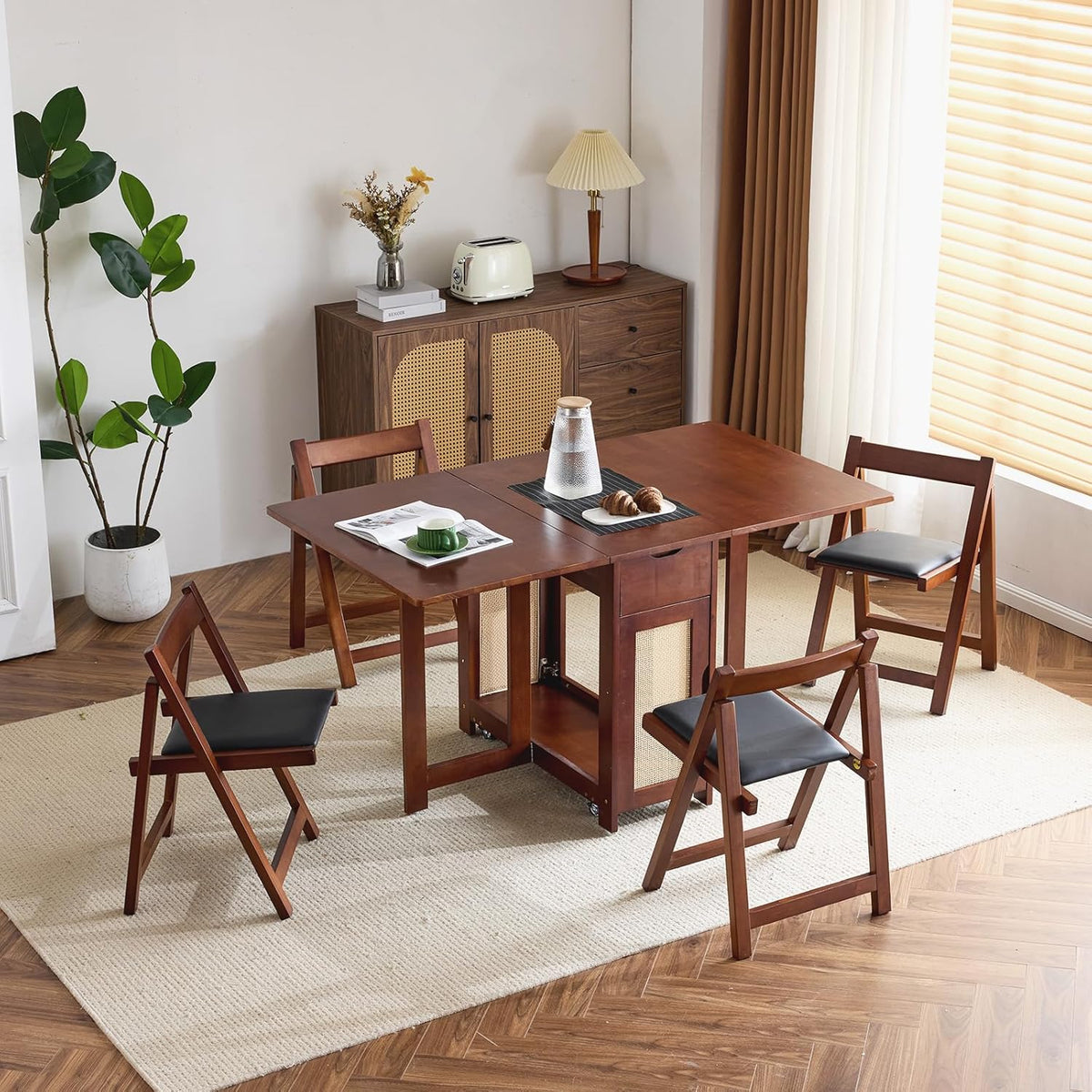 VINGLI 5-Piece Folding Dining Table Set, Extendable Drop Leaf Solid Wood Table with 4 Chairs, Drawers & Wheels, Space-Saving Design for Kitchen, Walnut