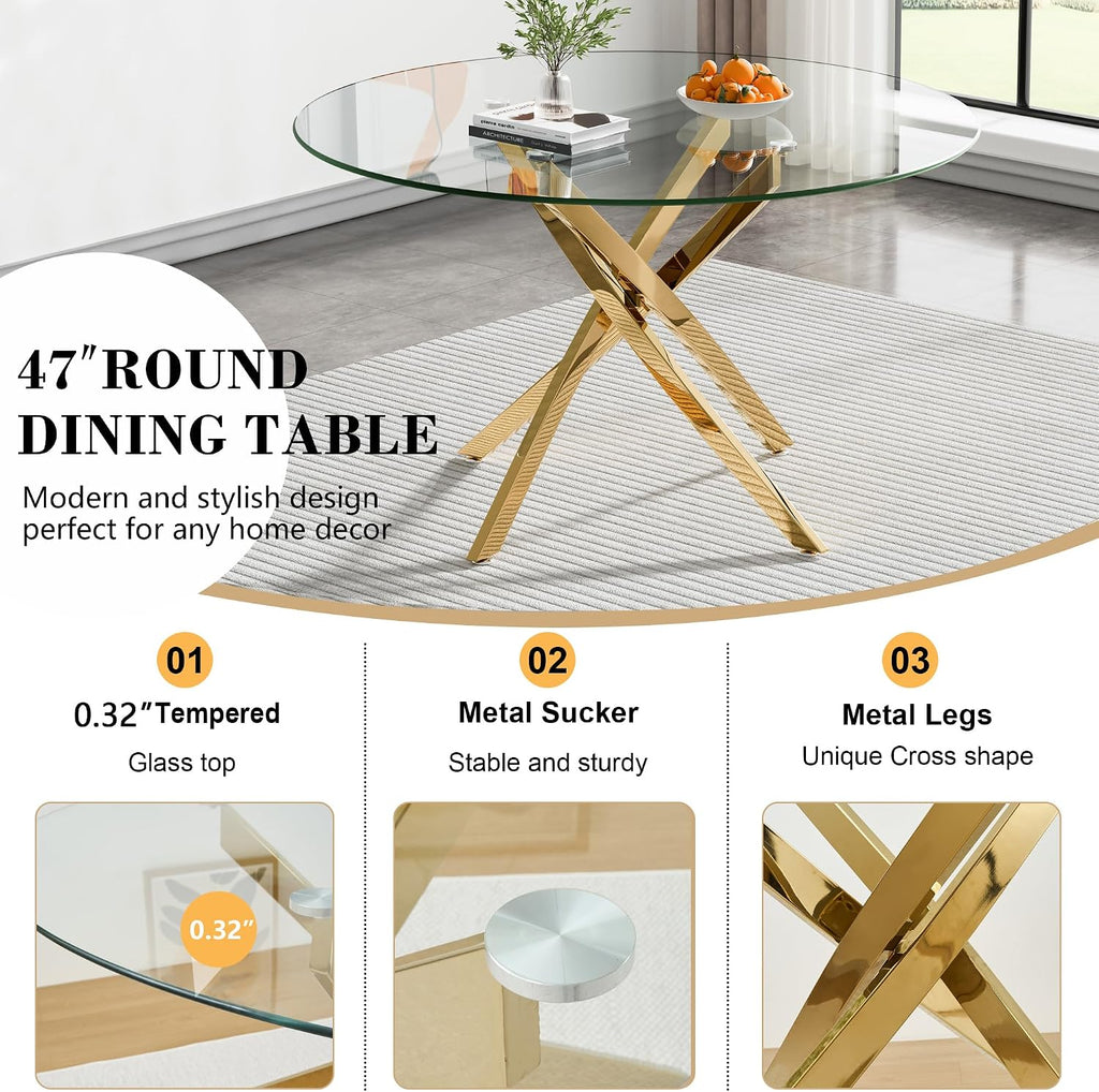 Round Glass Dining Room Table Set for 6, 7-Piece Dining Table Set with 47.2" Circle Gold Glass Dinner Table & 6 Beige Velvet Tufted Chairs, Modern Kitchen Table Set for Apartment Home Office