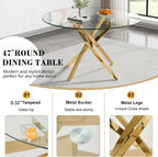 Round Glass Dining Room Table Set for 6, 7-Piece Dining Table Set with 47.2" Circle Gold Glass Dinner Table & 6 Beige Velvet Tufted Chairs, Modern Kitchen Table Set for Apartment Home Office