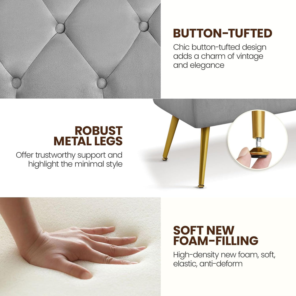 Yaheetech 45in Upholstered Velvet Ottoman Bench Seat with Gold Legs, Gray | Tufted Upholstered Bench Seat, Bed Bench with Tapered Gold Metal Legs, Sized for Window Seat Entryway Living Room