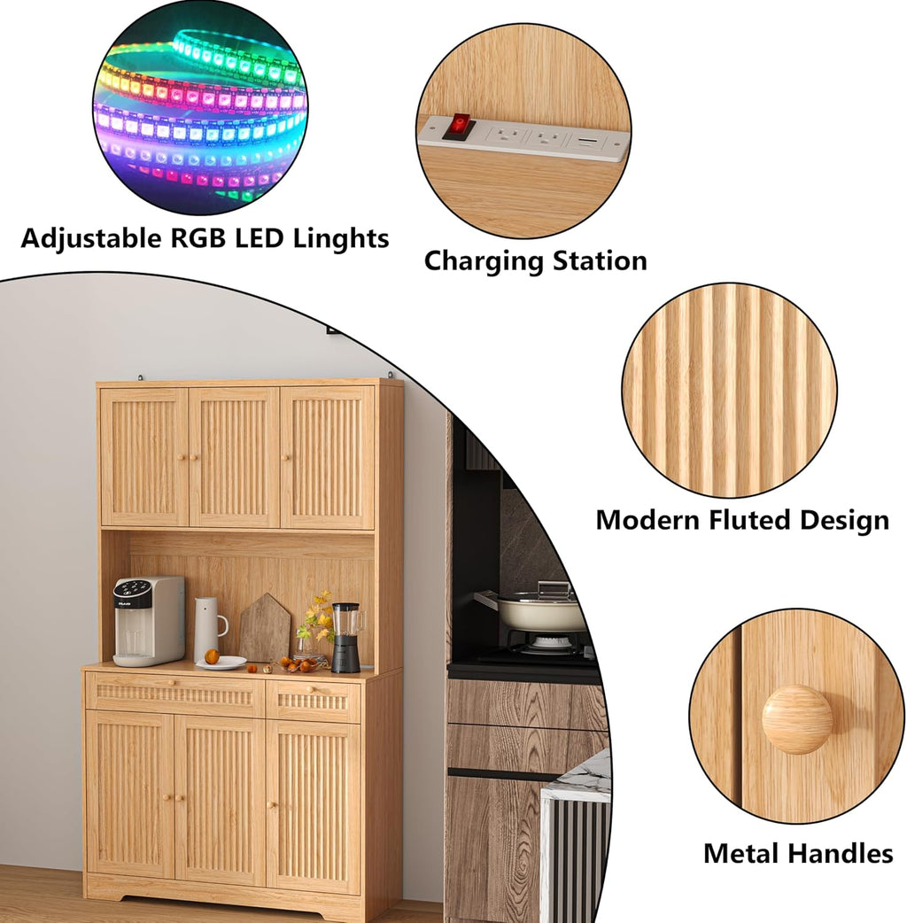 Pantry Storage Cabinet with Charging Station, Kitchen Storage with Adjustable Shelves, Food Pantry Cabinet with Coffee Bar Storage, Modern Kitchen Cupboard for Dining Room, Living Room, Oak