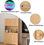Pantry Storage Cabinet with Charging Station, Kitchen Storage with Adjustable Shelves, Food Pantry Cabinet with Coffee Bar Storage, Modern Kitchen Cupboard for Dining Room, Living Room, Oak