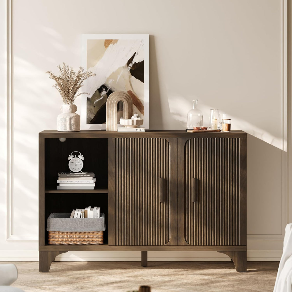 Mid Century Modern Fluted Buffet Cabinet with Storage, Accent Sideboard and Credenza Storage Cabinet with Doors, Wood Coffee Bar Console for Kitchen, Living Room (Walnut Brown, 47" 2-Door)