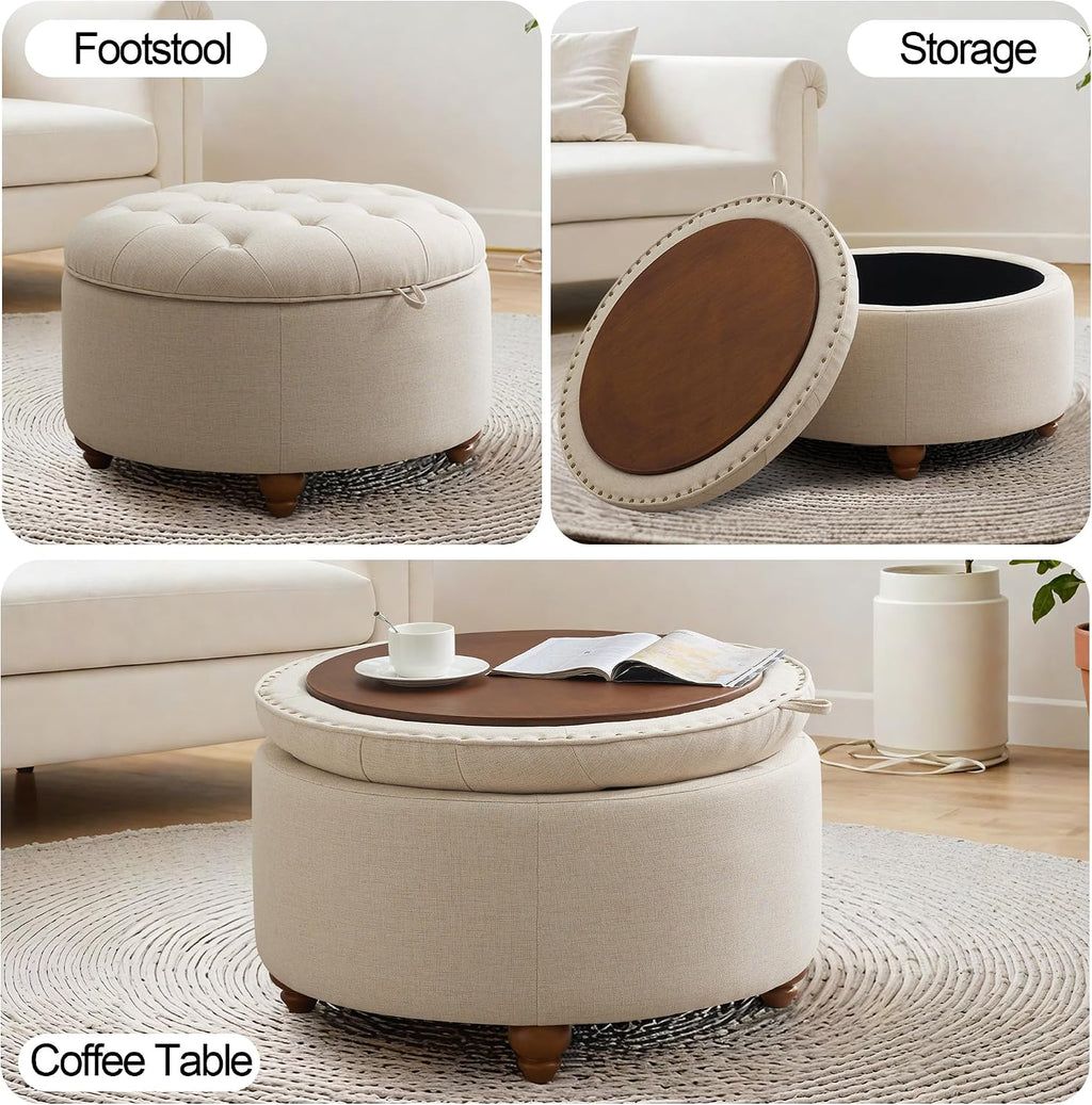 30'' Round Ottoman Coffee Table with Storage, Upholstered Tufted Ottoman with Flip Tray, Solid Wood Legs for Living Room, Bedroom, Khaki