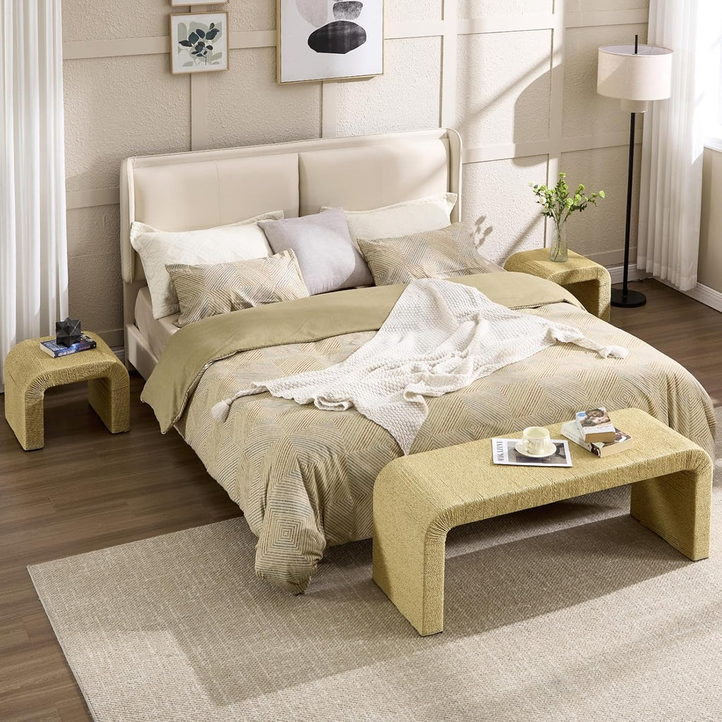 LZAREAL 3-Piece Nesting Woven Rope Coffee Table Set, 47" Boho Waterfall Living Room Table with 2 Stools Underneath, Modern Coastal Center Table Tea Table, Natural