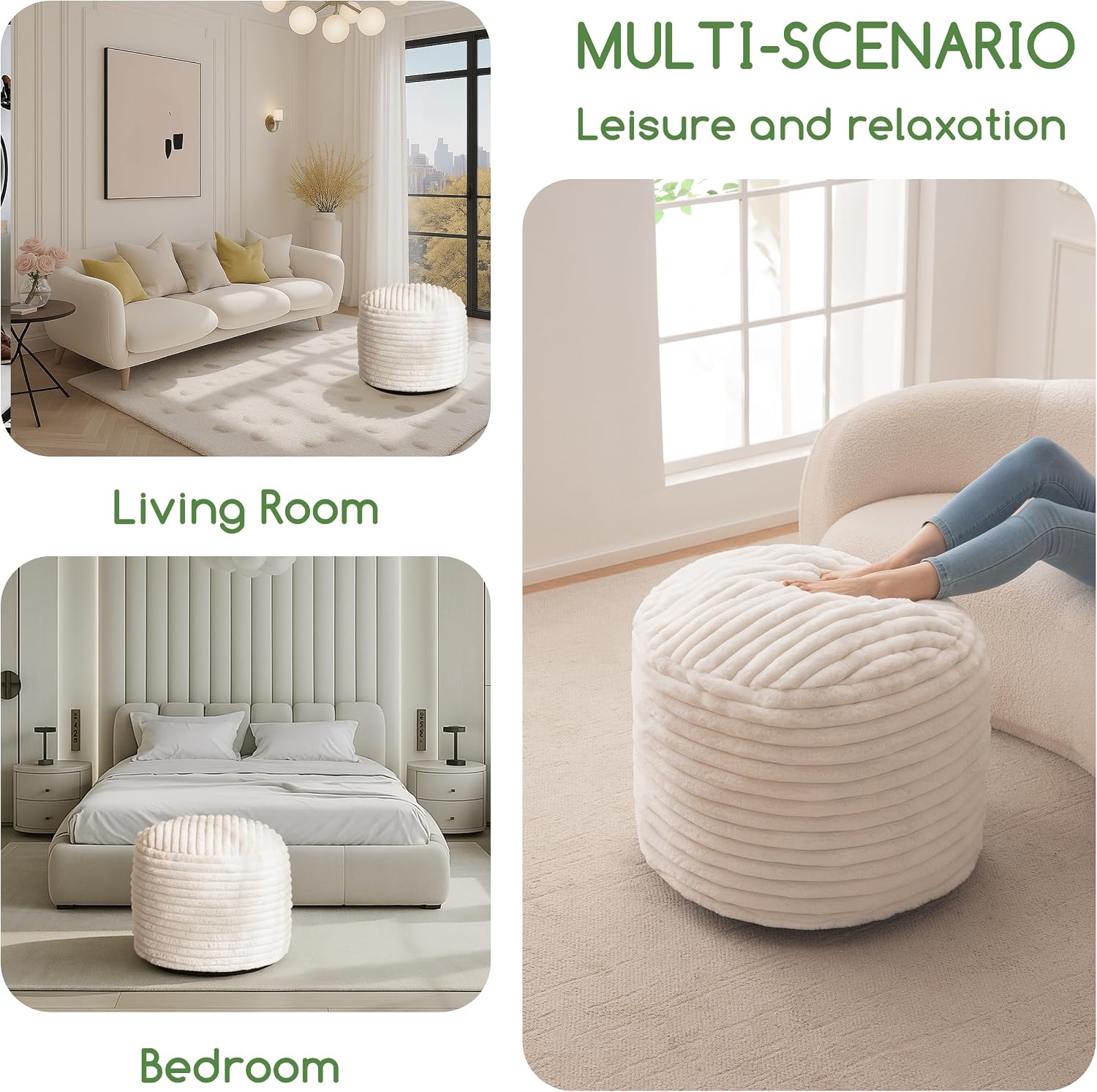 HIGOGOGO Round Stuffed Pouf Ottoman, Stripe Faux Fur Poufs with Foam Chunk Filling, Furry and Fluffy Pouf Foot Stool Storage Ottoman, 20 X 15 Floor Poufs Foot Rest for Living Room, Beige