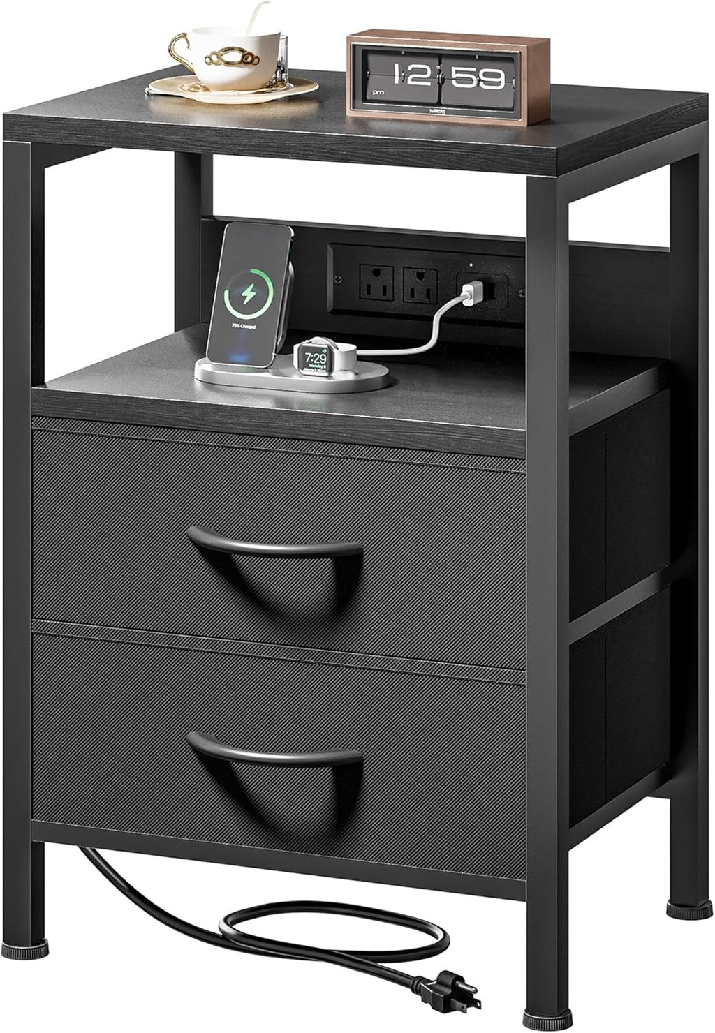 Lazzanto Night Stand with Charger Station for Bedroom, Black Nightstand | Bedside Table, Open Shelf, 2 Fabric Drawers, Built in USB-A, USB-C Port & AC Outlets, For Dorm, Living Room, Bedroom
