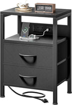 Lazzanto Night Stand with Charger Station for Bedroom, Black Nightstand | Bedside Table, Open Shelf, 2 Fabric Drawers, Built in USB-A, USB-C Port & AC Outlets, For Dorm, Living Room, Bedroom