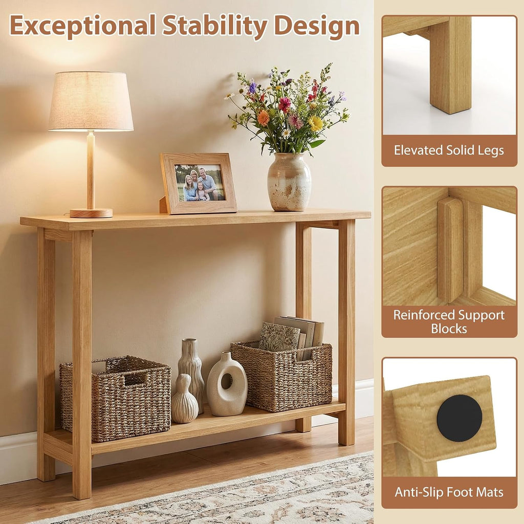 GIANTEX 47" Solid Wood Console Table, 2-Tier Narrow Entryway Table | Rustic Foyer Table w/ Teak Wood Frame and Storage Shelf, Farmhouse Sofa Table Behind Couch for Living Room (47" x 12" x 32")