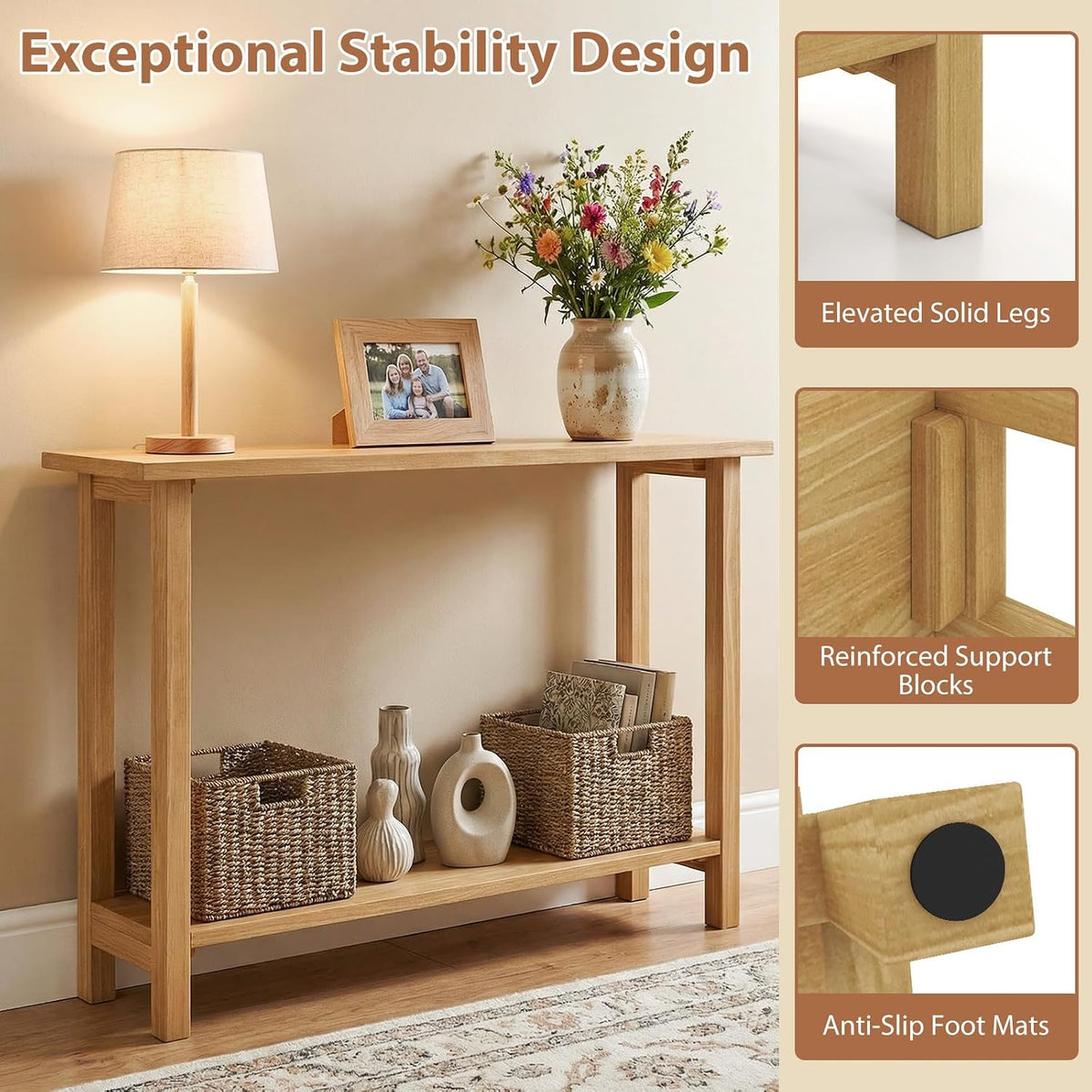 GIANTEX 47" Solid Wood Console Table, 2-Tier Narrow Entryway Table | Rustic Foyer Table w/ Teak Wood Frame and Storage Shelf, Farmhouse Sofa Table Behind Couch for Living Room (47" x 12" x 32")