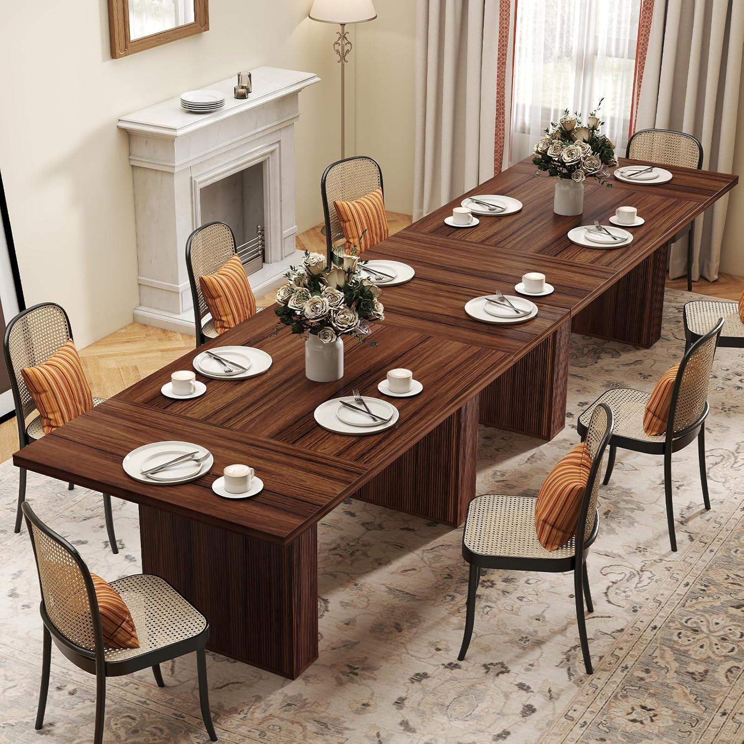 Miereirl 78 Inch Rectangular Dining Table for 6-8 People, Large Modern Farmhouse Kitchen Table with Grooved Wood-Strip Base, Perfect for Dining Room or Family Gathering, Walnut