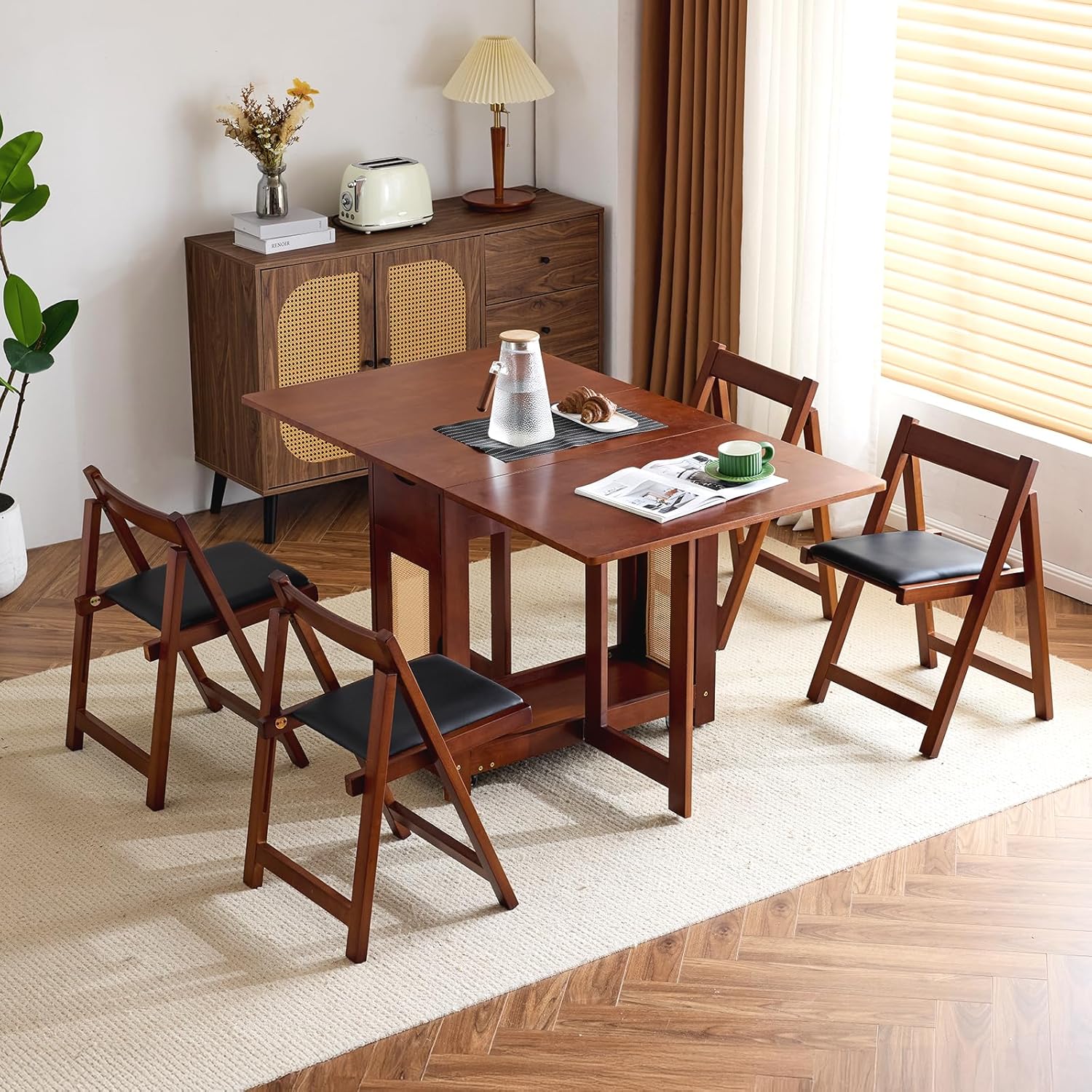 VINGLI 5-Piece Folding Dining Table Set, Extendable Drop Leaf Solid Wood Table with 4 Chairs, Drawers & Wheels, Space-Saving Design for Kitchen, Walnut