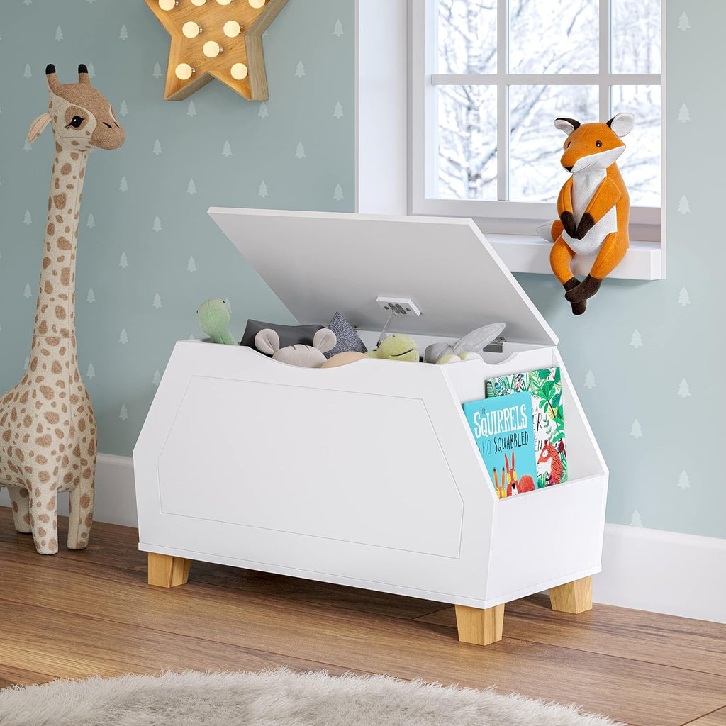 RiverRidge Kids Catch-All Toy Box with Side Bookshelves - White | Versatile Playrooom Storage Organizer with Book Racks