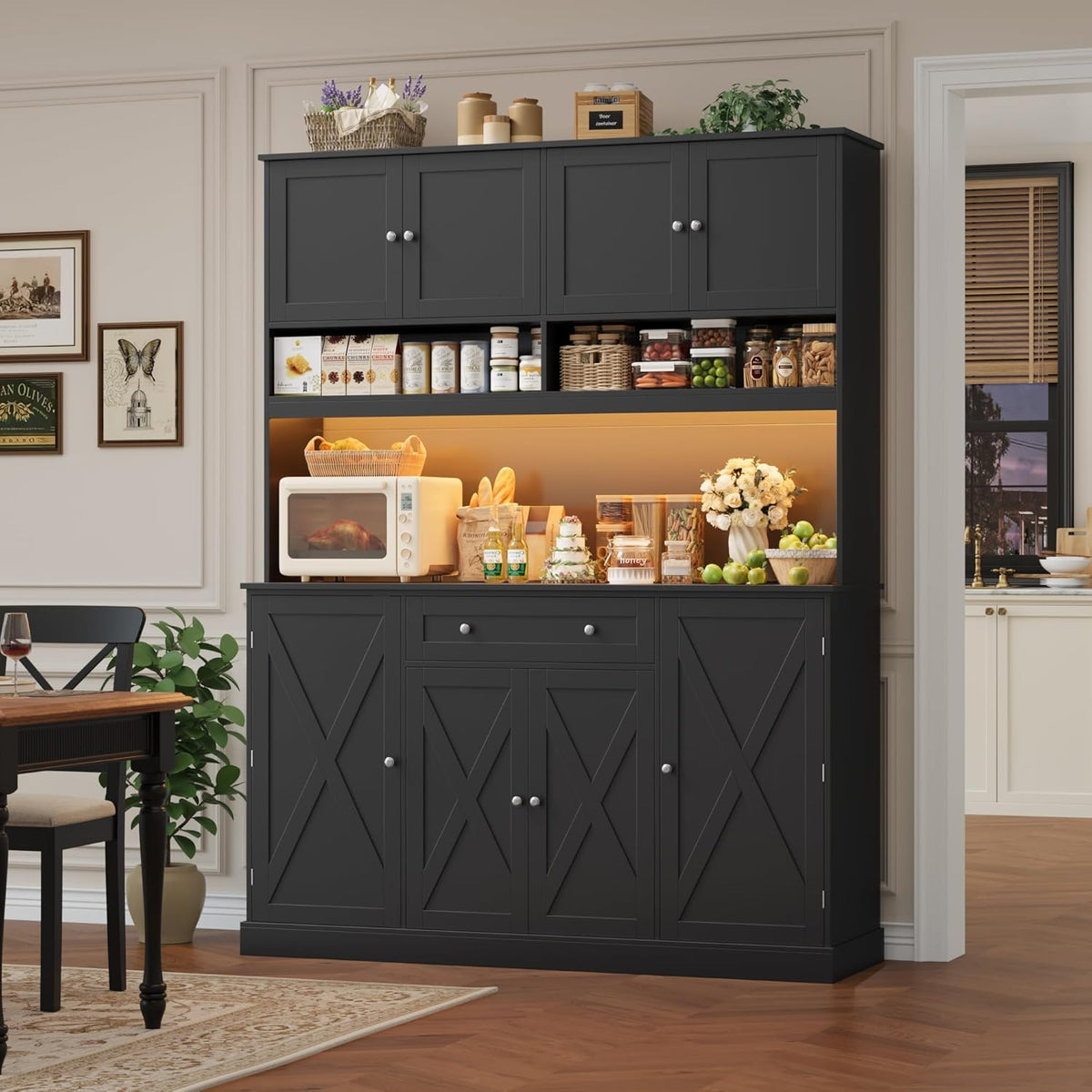 HIFIT 72.8” LED Kitchen Pantry Cabinet with Charging Station, 55” Wide Farmhouse Pantry Cabinet with Microwave Stand&Shelves&Swing-Out Door, Kitchen Hutch Coffee Bar for Living Room, Black