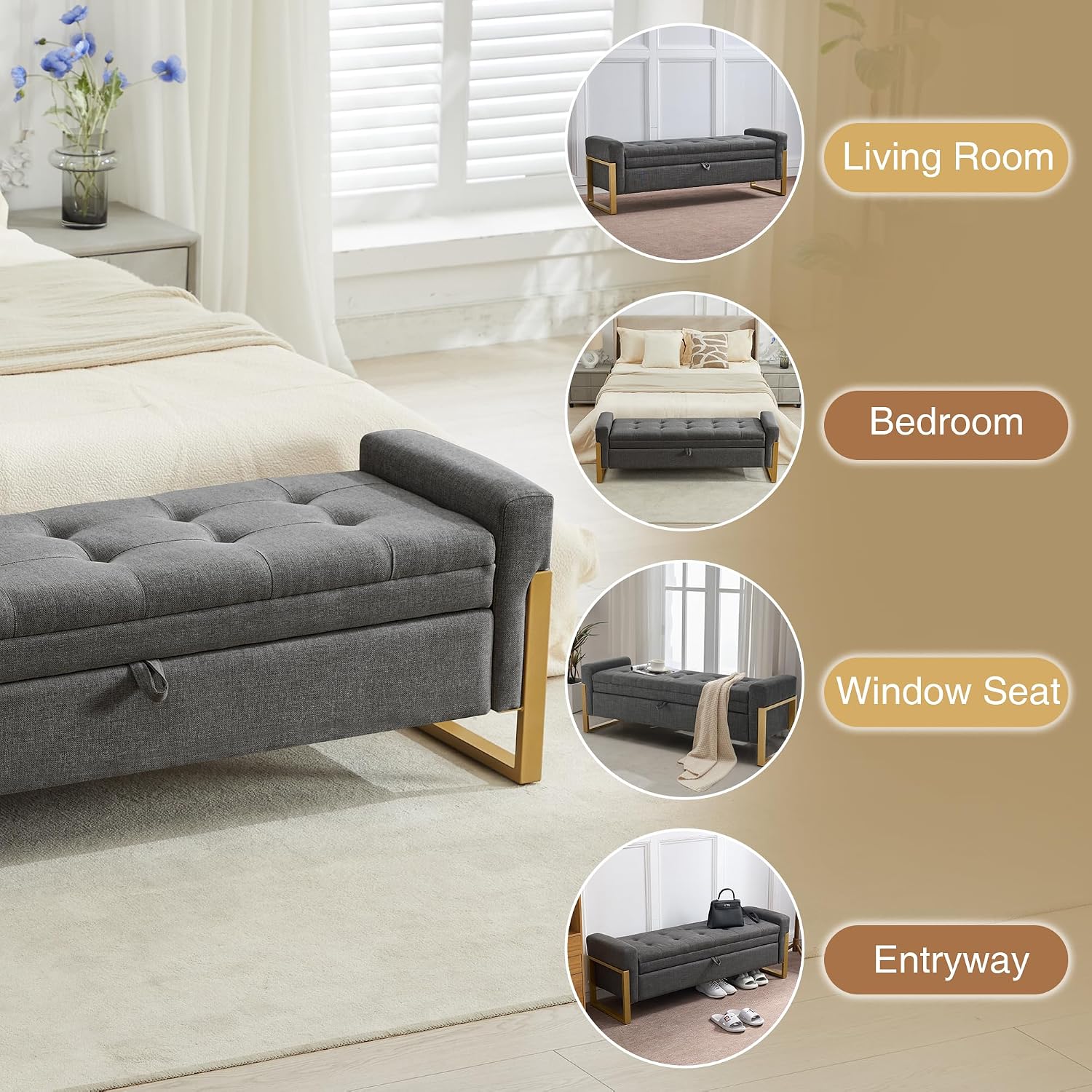 adochr 57" Storage Bench, Linen Upholstered Ottoman with Storage, Large End of Bed Bench with Metal Legs & Button-Tufted,500 lb Capacity, for Living Room, Bedroom, Entryway, Dark Grey