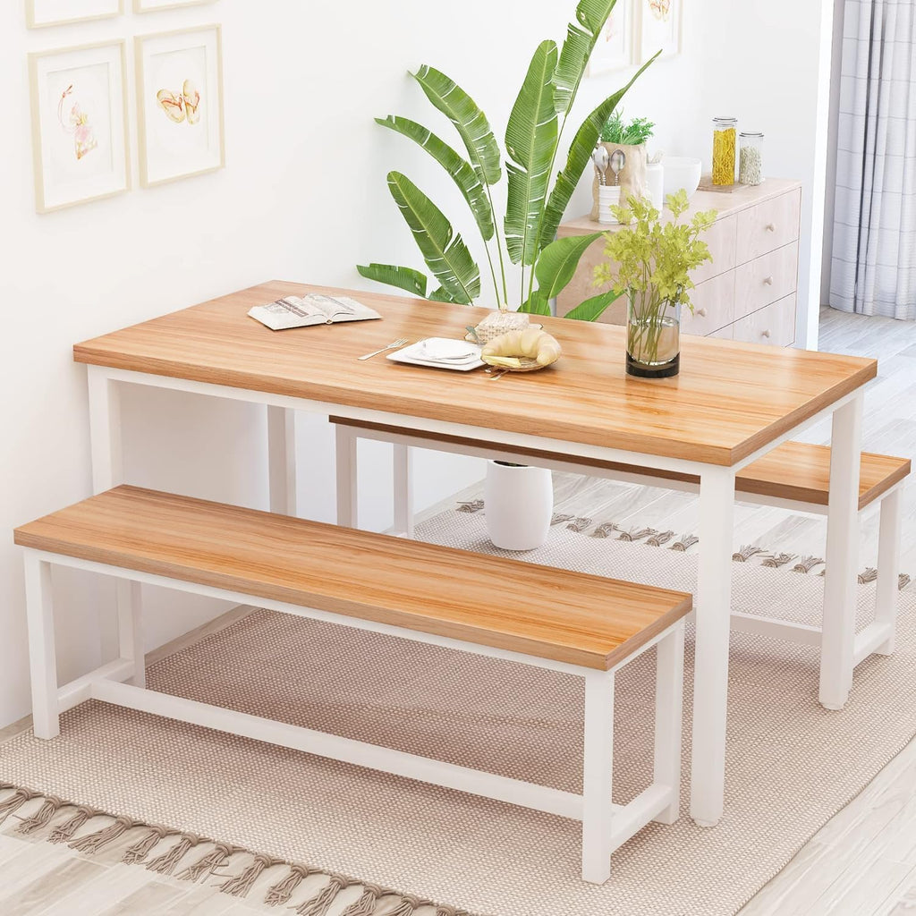 DKLGG Dining Table Set for 4, Wooden Kitchen Table with 2 Dining Bench | 47.2” Farmhouse Dining Room Table Set, Space Saving Table and Chairs Set for Small Space, Kitchen,Dining Room,Apartment