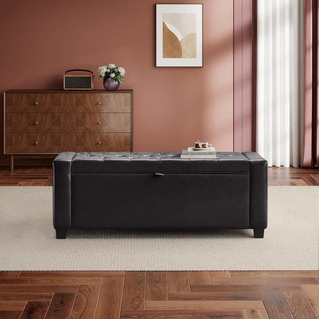 GRAINELL 42.13” Storage Ottoman Bench, Upholstered Tufted Bedroom Bench with Storage, End of Bed Storage Bench for Living Room & Entryway, 350 lb Capacity, Leather Black