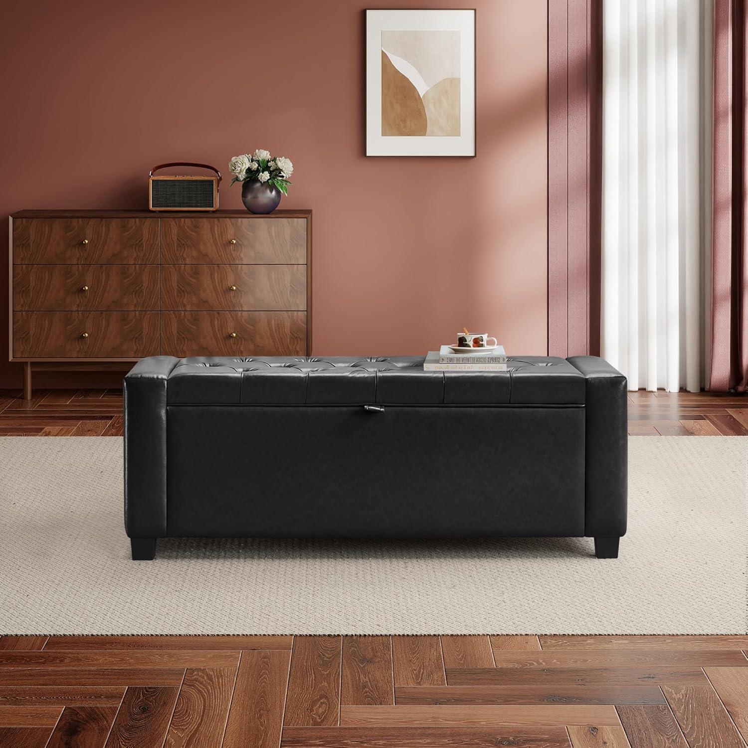 GRAINELL 42.13” Storage Ottoman Bench, Upholstered Tufted Bedroom Bench with Storage, End of Bed Storage Bench for Living Room & Entryway, 350 lb Capacity, Leather Black