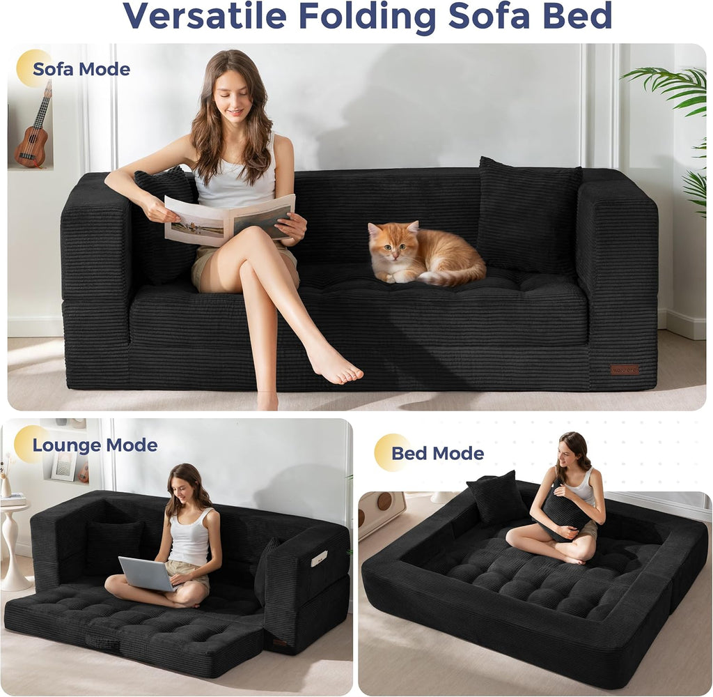 MAXYOYO Folding Sofa Bed, Convertible Loveseat Couch with Pillow | 3-Seat Foldable Floor Sofa Bed with Back Support, Tufted Floor Couch with Side Pocket & Armrests for Living Room, Apartment