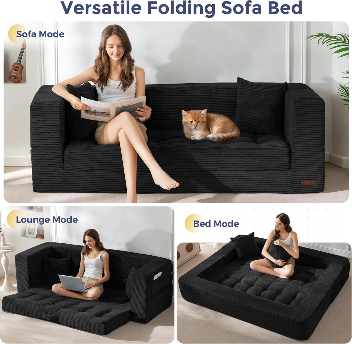 MAXYOYO Folding Sofa Bed, Convertible Loveseat Couch with Pillow | 3-Seat Foldable Floor Sofa Bed with Back Support, Tufted Floor Couch with Side Pocket & Armrests for Living Room, Apartment