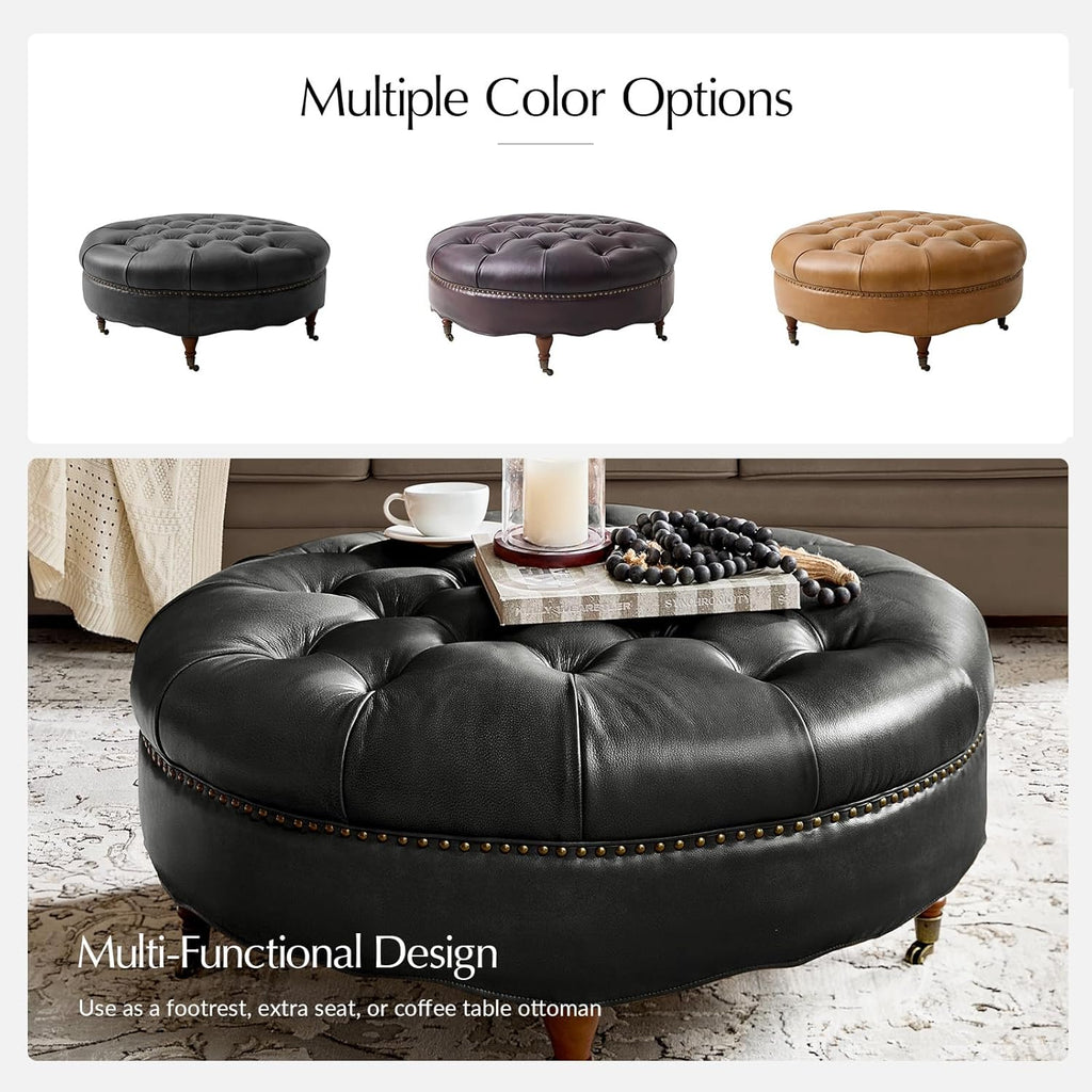 HULALA HOME 40" Genuine Leather Coffee Table, Large Round Button Tufted Coffee Table with Rolling Wheels, Solid Wood Legs, Nailhead Trim, Upholstered Ottoman Seating for Living Room, Black