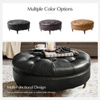 HULALA HOME 40" Genuine Leather Coffee Table, Large Round Button Tufted Coffee Table with Rolling Wheels, Solid Wood Legs, Nailhead Trim, Upholstered Ottoman Seating for Living Room, Black