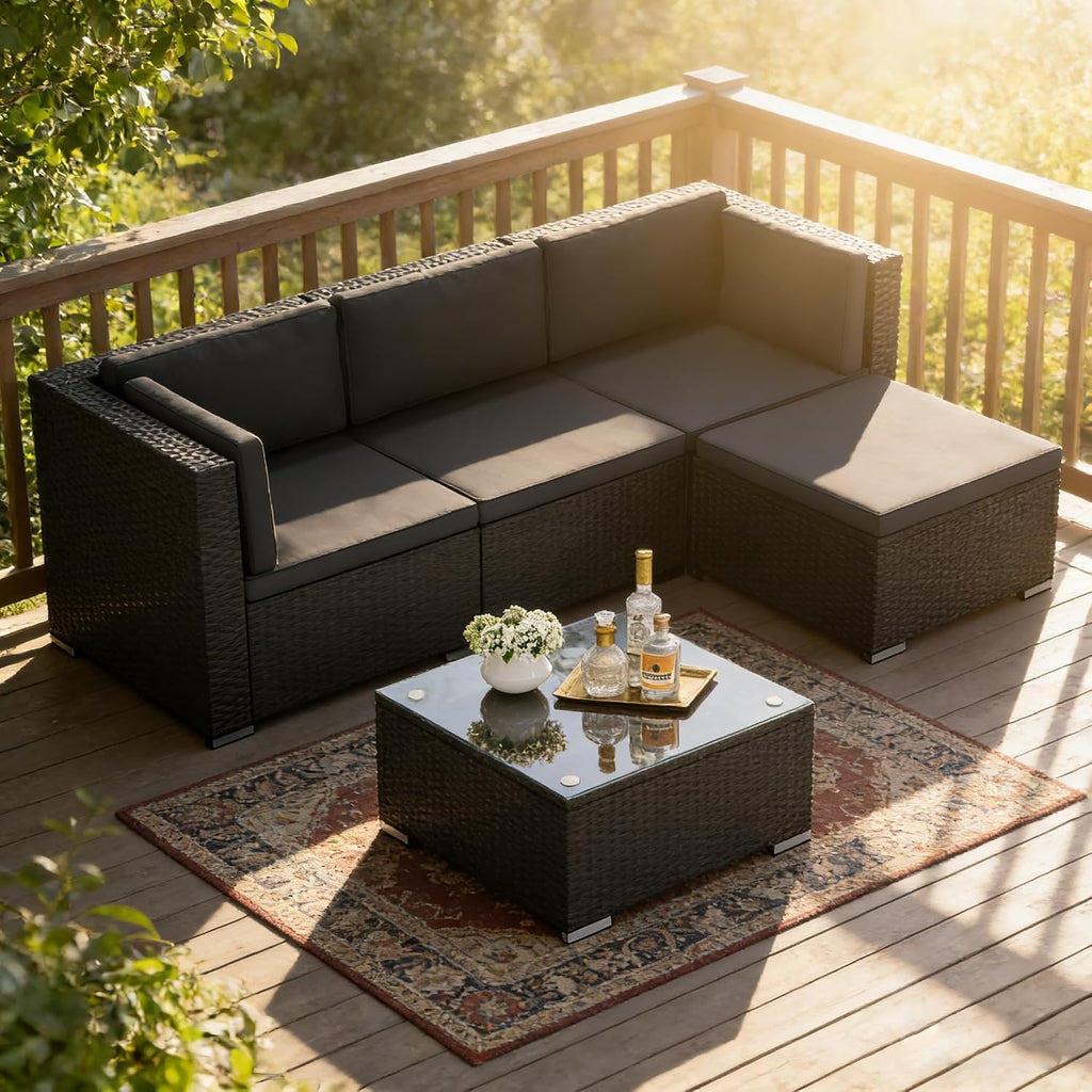 SUNCROWN 5-Piece Outdoor Patio Furniture Set, All-Weather PE Rattan Sectional Sofa with Ottoman, Glass Coffee Table & Cushions, Modular Wicker Conversation Set for Backyard, Garden, Porch, Dark Grey