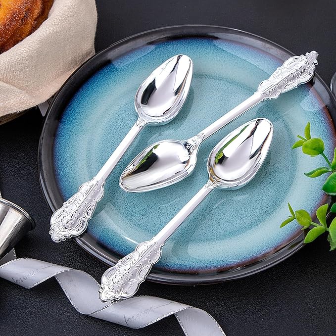 WDF 100 Piece Silver Plastic Spoons Disposable - 6.93 Inch Baroque Silver Silverware for Dessert Cake - Heavy Duty Plastic Spoons for Christmas Party, Wedding or Daily Using