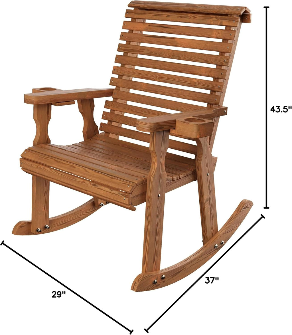 Amish Heavy Duty 600 Lb Roll Back Pressure Treated Rocking Chair with Cupholders (Oak Stain)