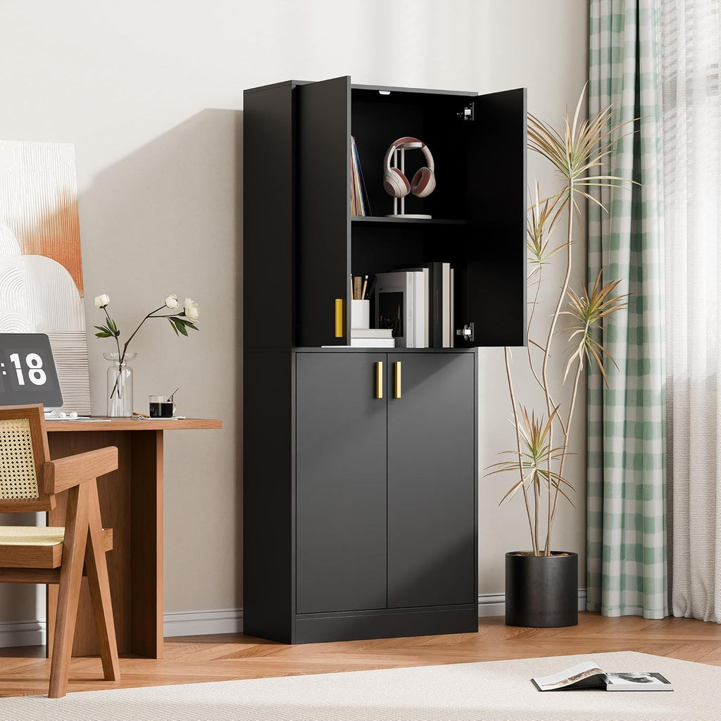 Cozy Castle Kitchen Pantry Cabinet, 71" Tall Wood Storage Cabinet with Doors and Shelves 4 Doors Freestanding Cupboard for Dining Room Living Room Furniture, Black | Wood Storage Cabinet