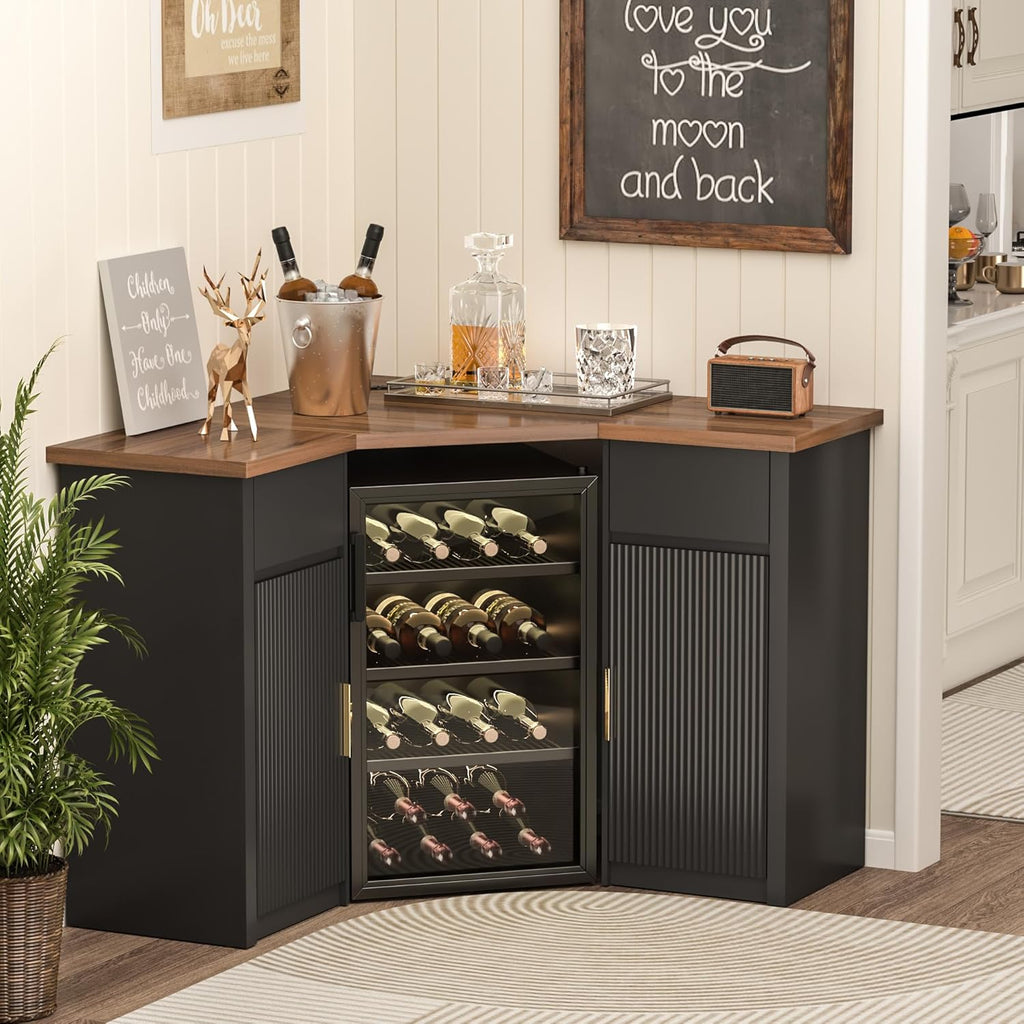 GDLF Corner Coffee Bar with Fridge Space, L Shaped Liquor Cabinet,Black | L-Shaped Countertop, Wine Glass Rack, Adjustable Shelves, Drawer Storage, Power Outlet, Coffee Station for Home & Kitchen