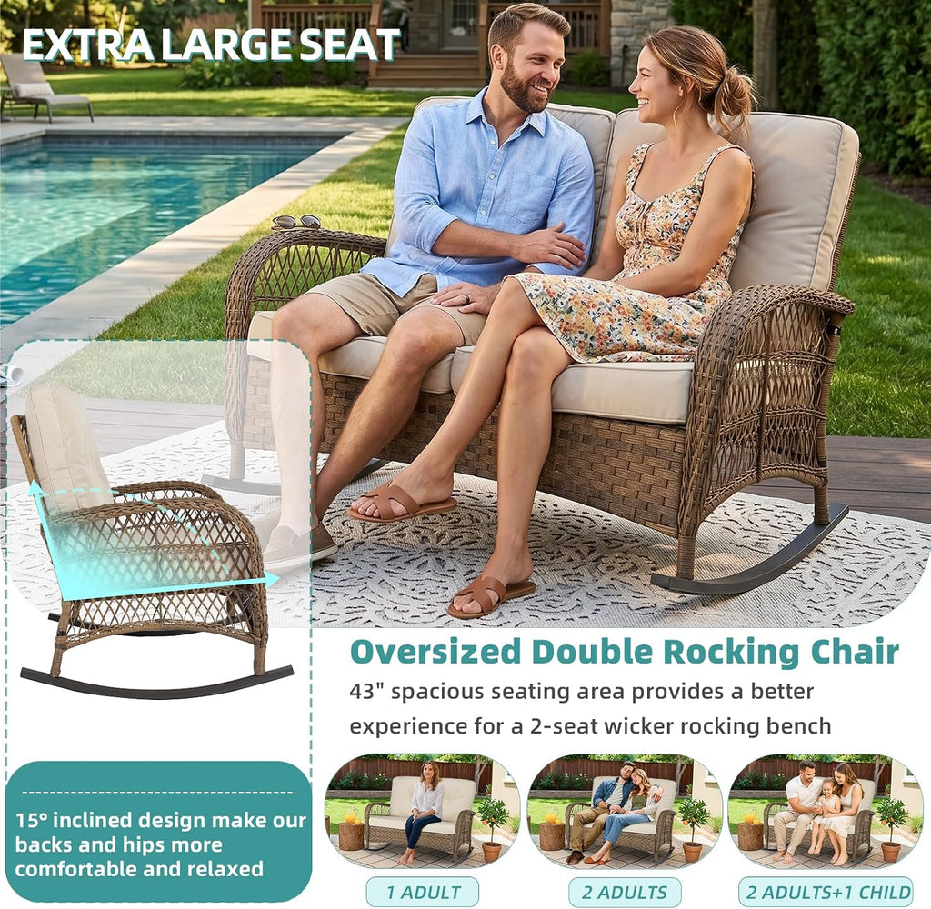 MEETWARM Outdoor Wicker Loveseat Rocking Chair, Loveseat for 2 Person Porch Furniture Rocker with Glass-Top Coffee Table, All-Weather Rattan Patio Rocking Bench with Thickened Cushions, Brown