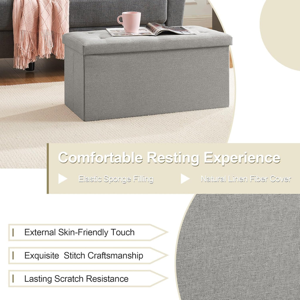 VECELO 30'' Folding Storage Ottoman Bench, Storage Chest, Linen Fabric Foot Rest Stool, 110L Storage Footstools for Bedroom and Living Room, Holds up to 440 lbs, Grey