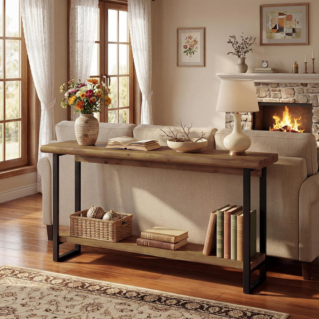 Solid Wood Live-Edge Console Table for Entryway, Farmhouse 63-Inch Narrow Long Sofa Table Behind Couch with Unique Shape, Heavy-Duty Metal Legs, Ideal for Foyer, Entrance, Living Room