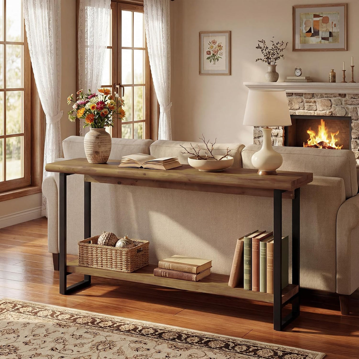 Solid Wood Live-Edge Console Table for Entryway, Farmhouse 63-Inch Narrow Long Sofa Table Behind Couch with Unique Shape, Heavy-Duty Metal Legs, Ideal for Foyer, Entrance, Living Room