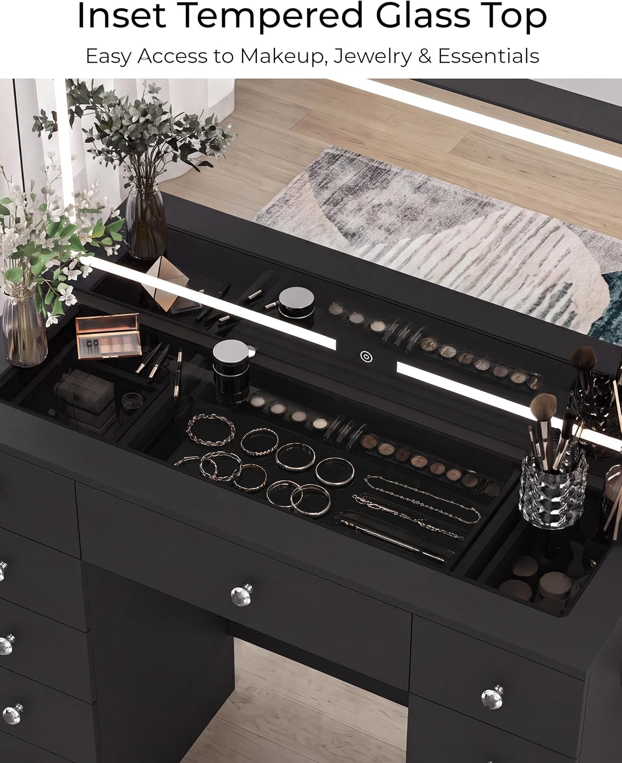 Otterease Black Makeup Vanity with Mirror and Lights,11 Drawers & Glass Top | Large Black Vanity Table with LED Lighted Mirror, Charging Station, Hair Dryer Holder for Bedroom