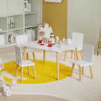 Table & 4 Chairs Set is for Boys Girls, 5-Piece Wooden Activity Table Set with Solid Wood Legs, Boys Girls Play Table & Chair Set for Drawing, Reading, Learning & Dining, White+Natural