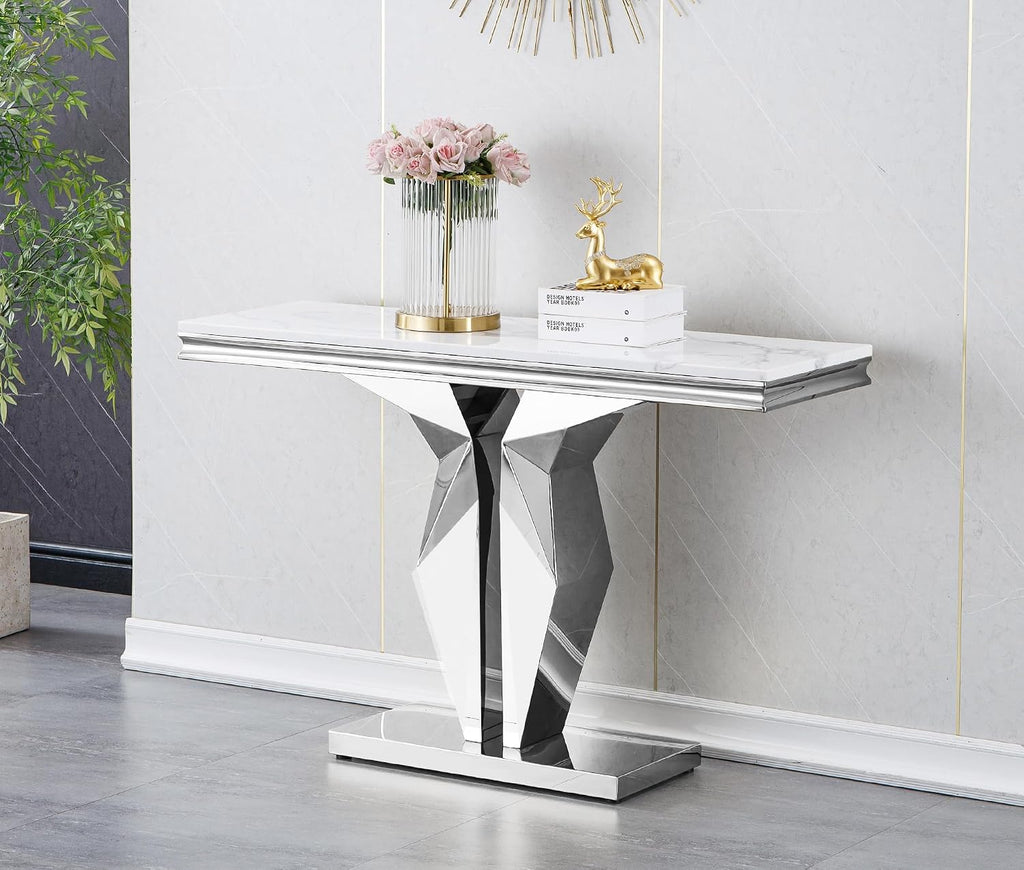 SSLine Modern White Faux Marble Console Table Luxury Entryway Table with Silver Pedestal Base 46.8" Mid-Century Elegant Sofa Table w/Mirrored Stainless Steel Frame for Living Room Hallway