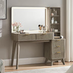 T4TREAM 48" Fluted Makeup Vanity Desk with 36" Lighted Mirror, Brown Alder | Smart LED Mirror, Visible Glass Top, 5 Drawers & Adjustable Storage Shelves, Charging Station, Bedroom Makeup Storage