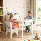 KOTEK Kids Art Table and Chair Set, Kids Craft Table with Paper Roll, 2 Chairs & 4 Storage Bins for Drawing, Reading, Learning, Toddler Activity Play Desk for Playroom or Classroom (White)