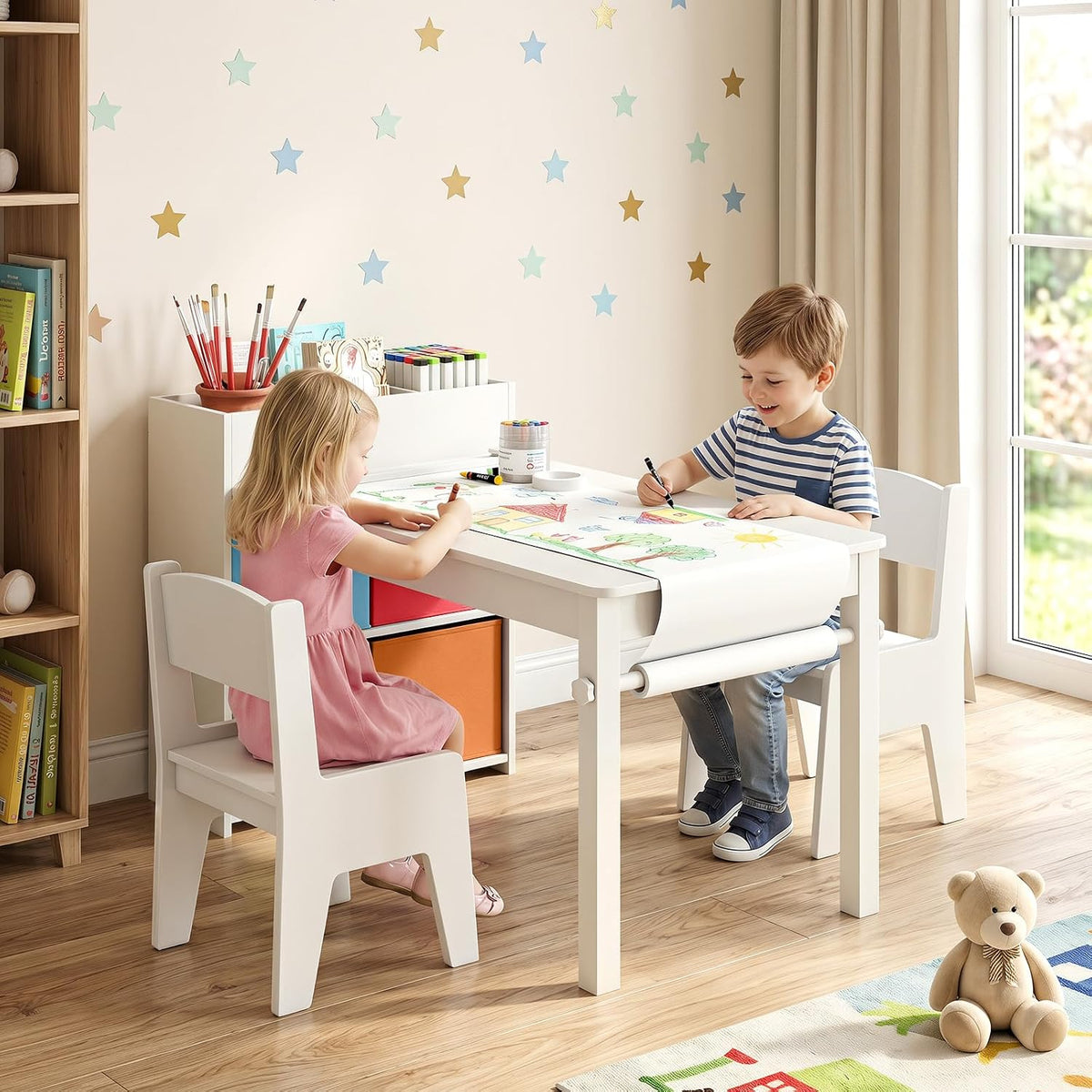 KOTEK Kids Art Table and Chair Set, Kids Craft Table with Paper Roll, 2 Chairs & 4 Storage Bins for Drawing, Reading, Learning, Toddler Activity Play Desk for Playroom or Classroom (White)