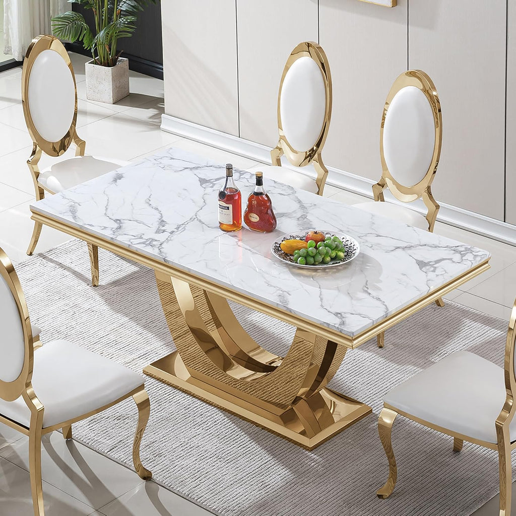 70" White Marble Dining Table, Luxury Kitchen Table for 6 8, Large Rectangular Dinner Table with U Shaped Gold Stainless Steel Pedestal, Mid Century Modern Dining Table for Kitchen Dining Room
